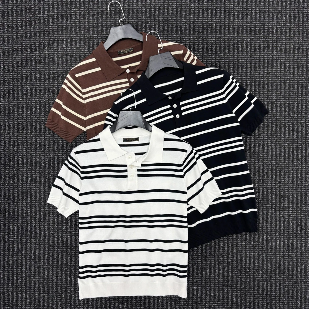 夏季新款男士轻熟商务针织POLO衫休闲百搭条纹冰丝透气短袖T恤衫