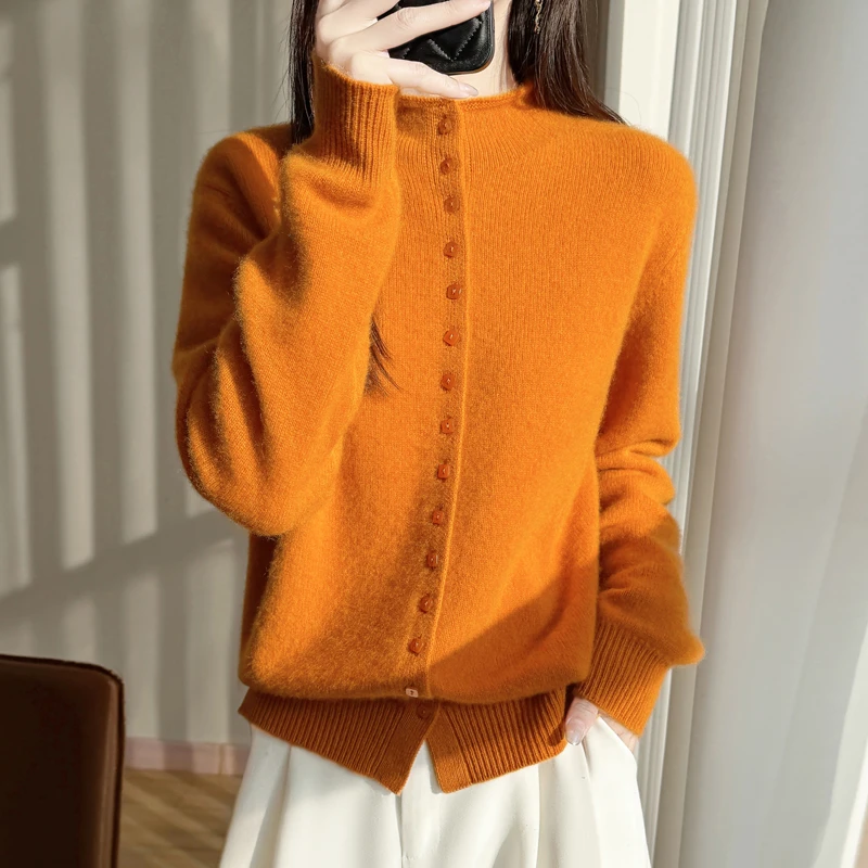 保暖舒适~冬季新款重磅加厚圆领100纯羊毛开衫女百搭针织打底衫