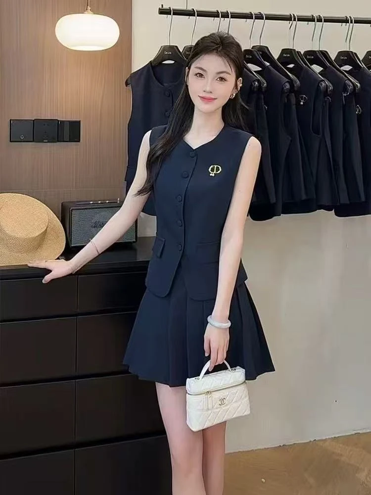 夏季新款韩版名媛小香风马甲百褶裙两件套A166