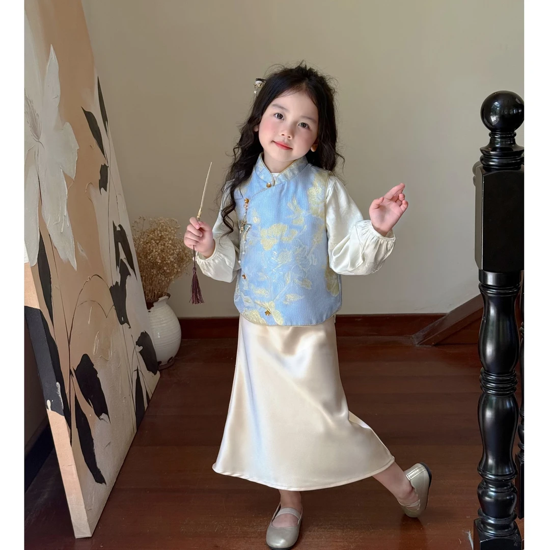 现货）壹妈童装女童中式国风套装秋季新款小女孩马甲半裙两件套