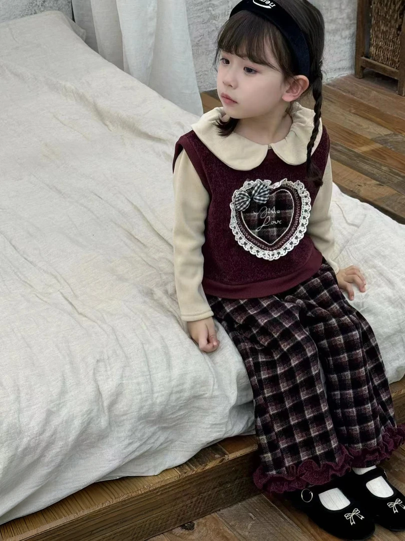 婴儿公主冬季套装2025新款儿童酒红加绒洋气时髦女宝宝针织三件套