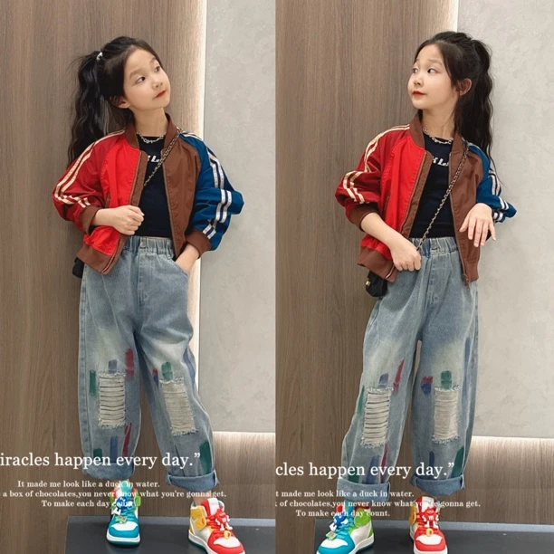女童男童撞色夹克衫外套25韩版儿童时髦短休闲宽松拼色百搭牛仔裤