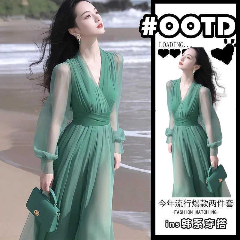 开入秋气质穿搭高端精致轻奢高级感御姐风情万种绿色连衣裙高级装