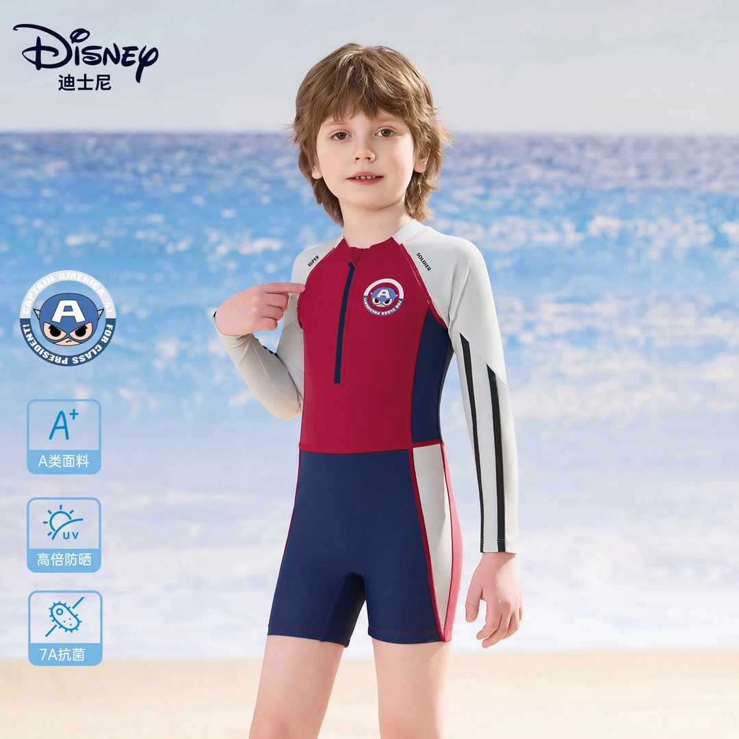 迪士尼儿童泳衣男童新款连体泡温泉泳裤男孩小童专业游泳训练泳装