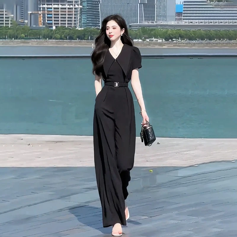 气质通勤高级感短袖连体裤女2025夏季新款收腰宽松阔腿连衣裤女装