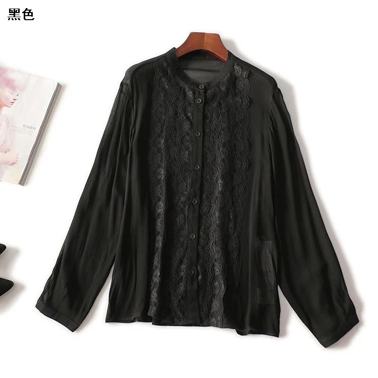 411441春中长款长袖圆领衬衫黑色衬衣上衣