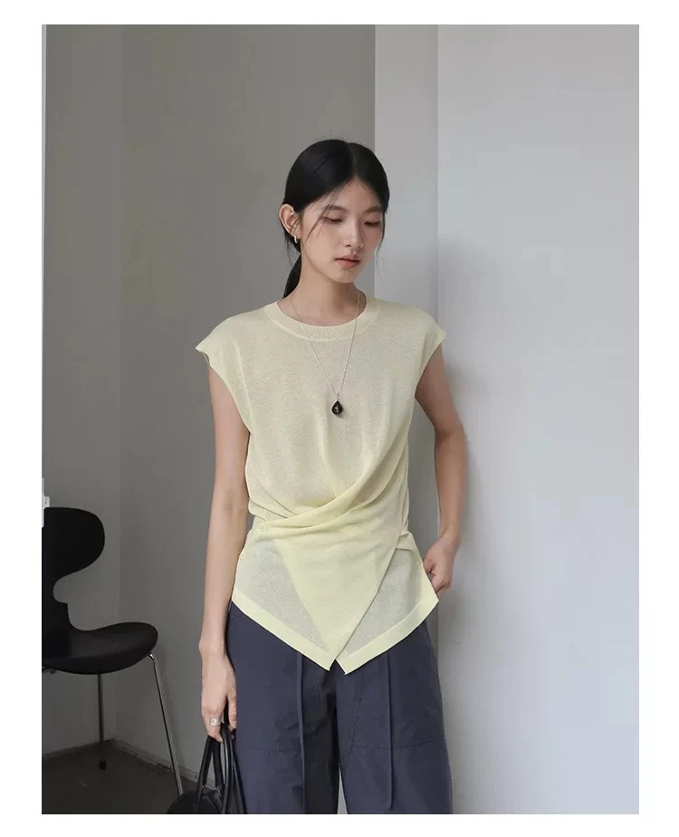 昊哥新款夏季无袖圆领薄款飞飞袖毛针织衫上衣开叉百搭设计师