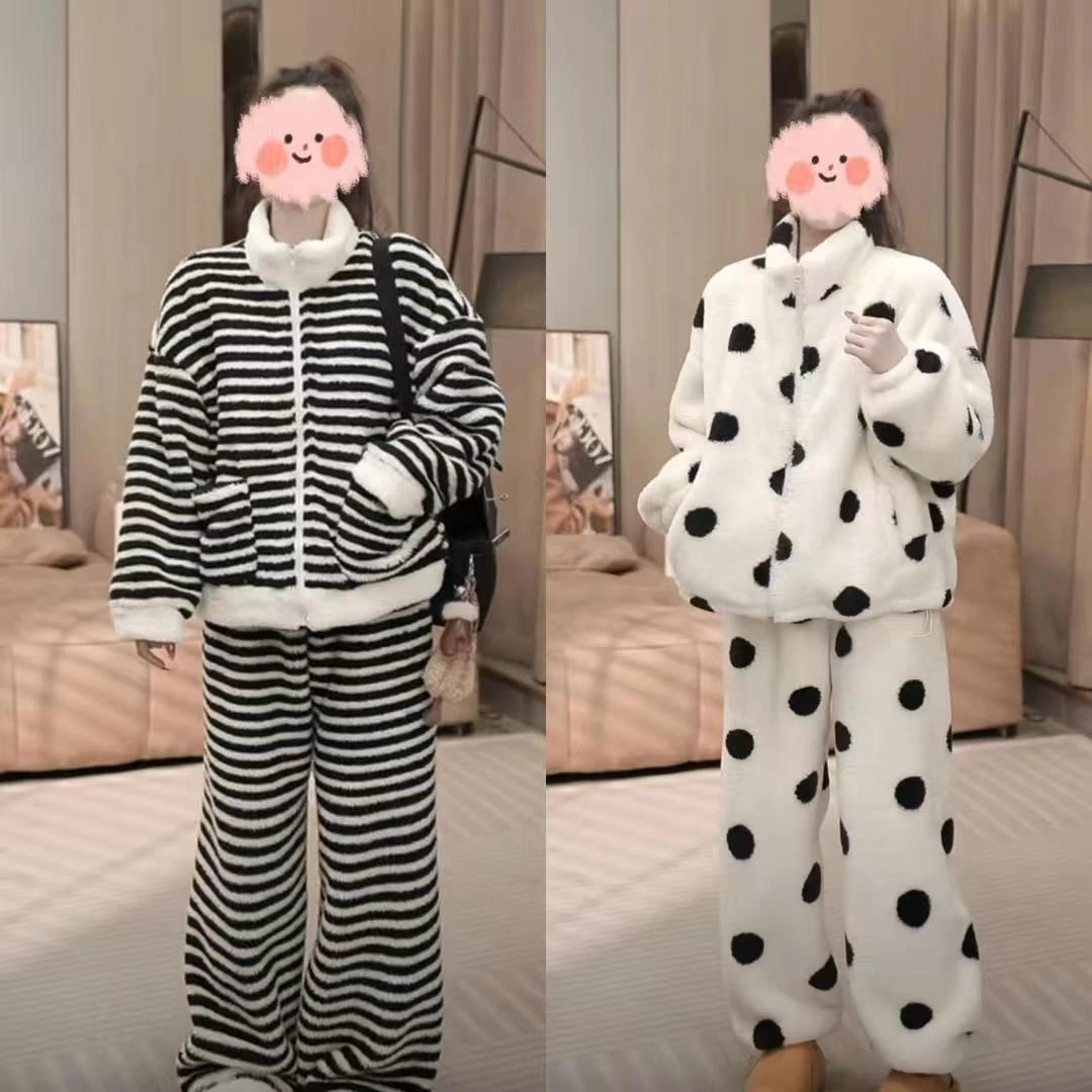 睡衣家居服长袖套装冬款加绒加厚女士加绒加厚保暖大码长款毛绒