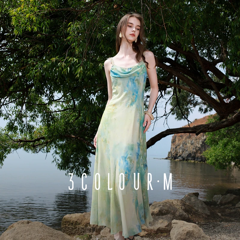 三彩2025夏季新款吊带裙梦幻雪纺印花鱼尾裙收腰a字长裙度假女M