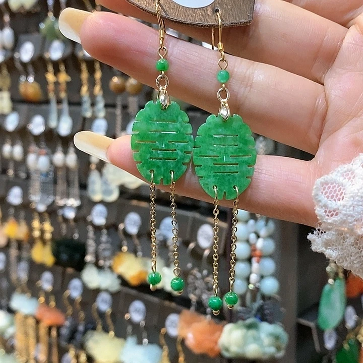 蛇纹石玉耳环银S925镶嵌