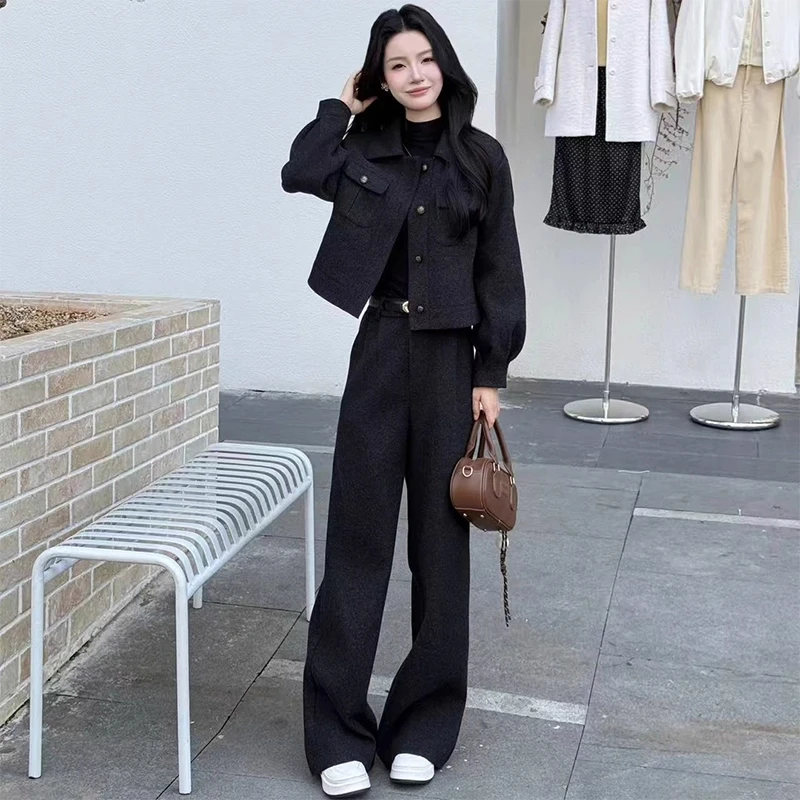 时尚套装女2025冬季新款洋气显瘦翻领保暖毛呢短外套阔腿裤两件套