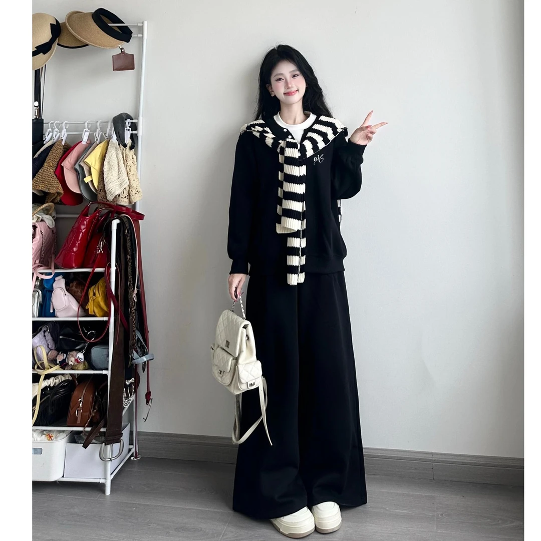 【运补3-5三件套】黑色带披肩长袖卫衣女套装慵懒风宽松休闲运动