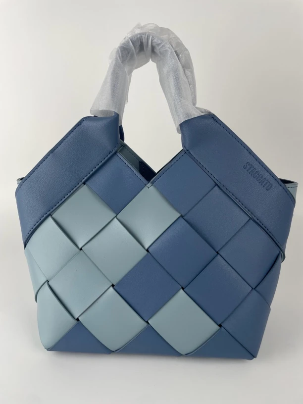 蓝白编织拼接斜挎手拎菜篮子包