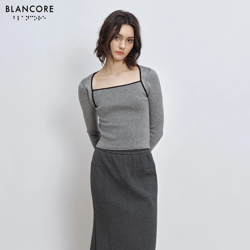 【设计师品牌BLANCORE】秋季新款设计感气质拼接方领毛织上衣