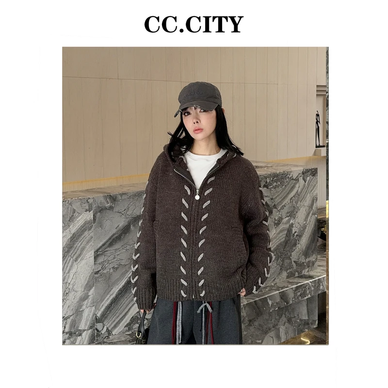 【蔡丽丽】秋冬时尚休闲拼接撞色连帽休闲加厚粗针毛针织衫Wn367