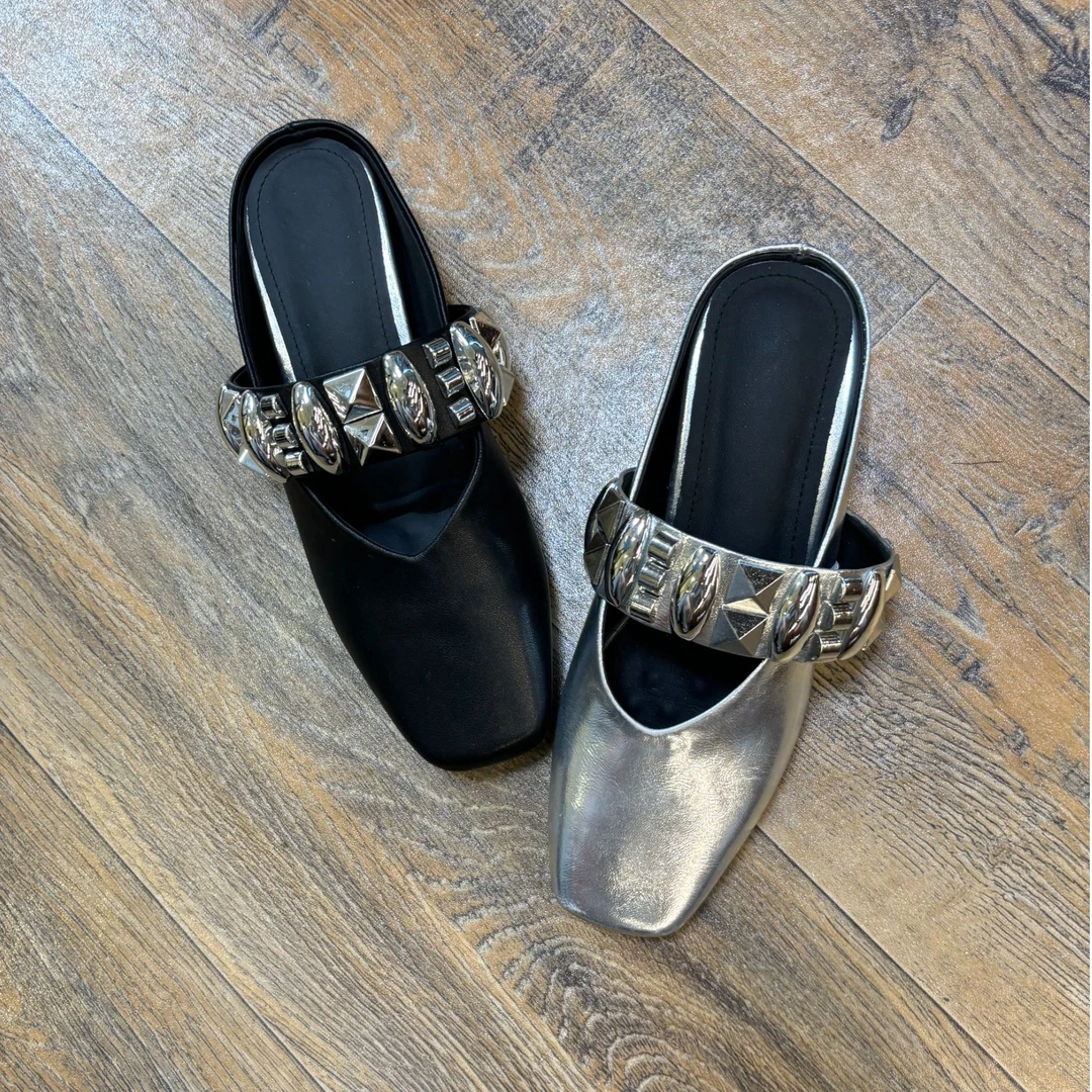 清仓真皮 4.5cm/甜酷英伦风金属单鞋女内增高包头拖方头一字带