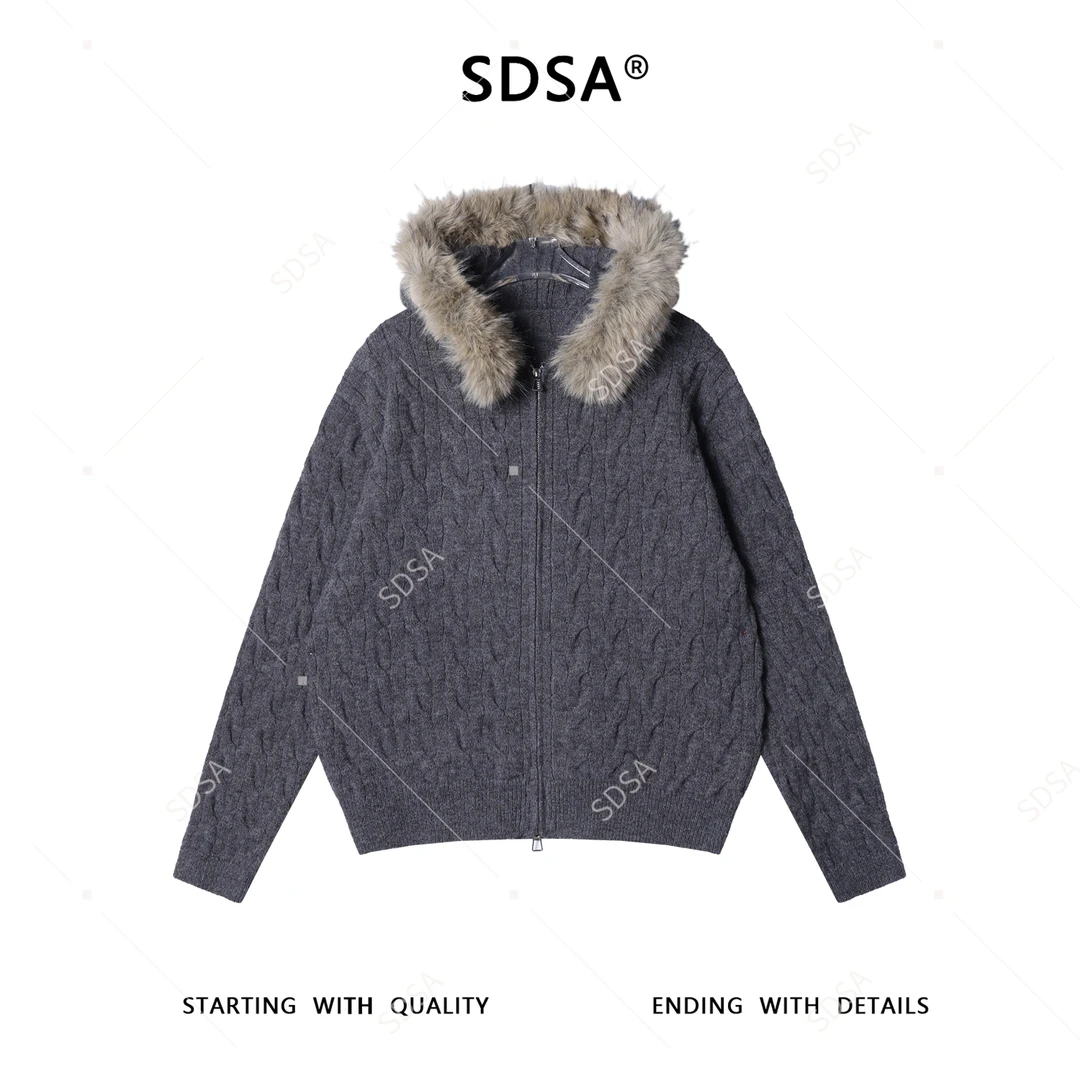 SDSA男士秋冬新款痞帅男装美式麻花连帽毛领开衫毛衣百搭慵懒风潮