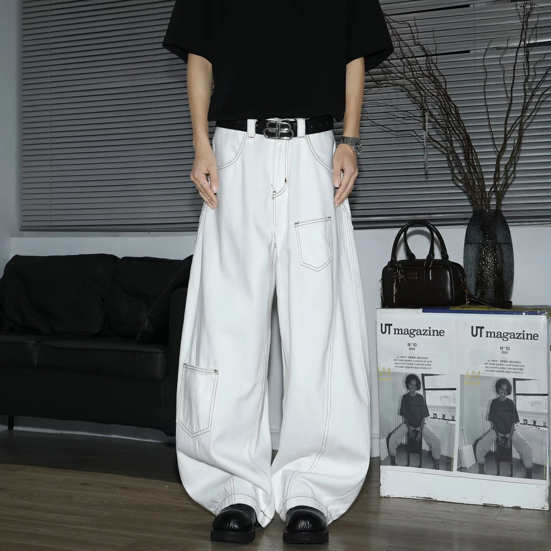 美式复古白色设计感弯刀牛仔裤男女春夏新款宽松阔腿微喇拖地裤子