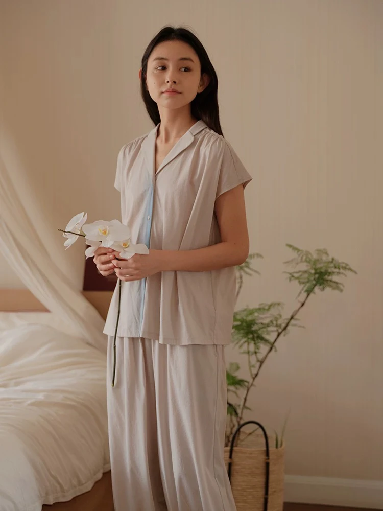 251-038春夏新款纯棉小翻领针织棉布短袖长裤家居服套