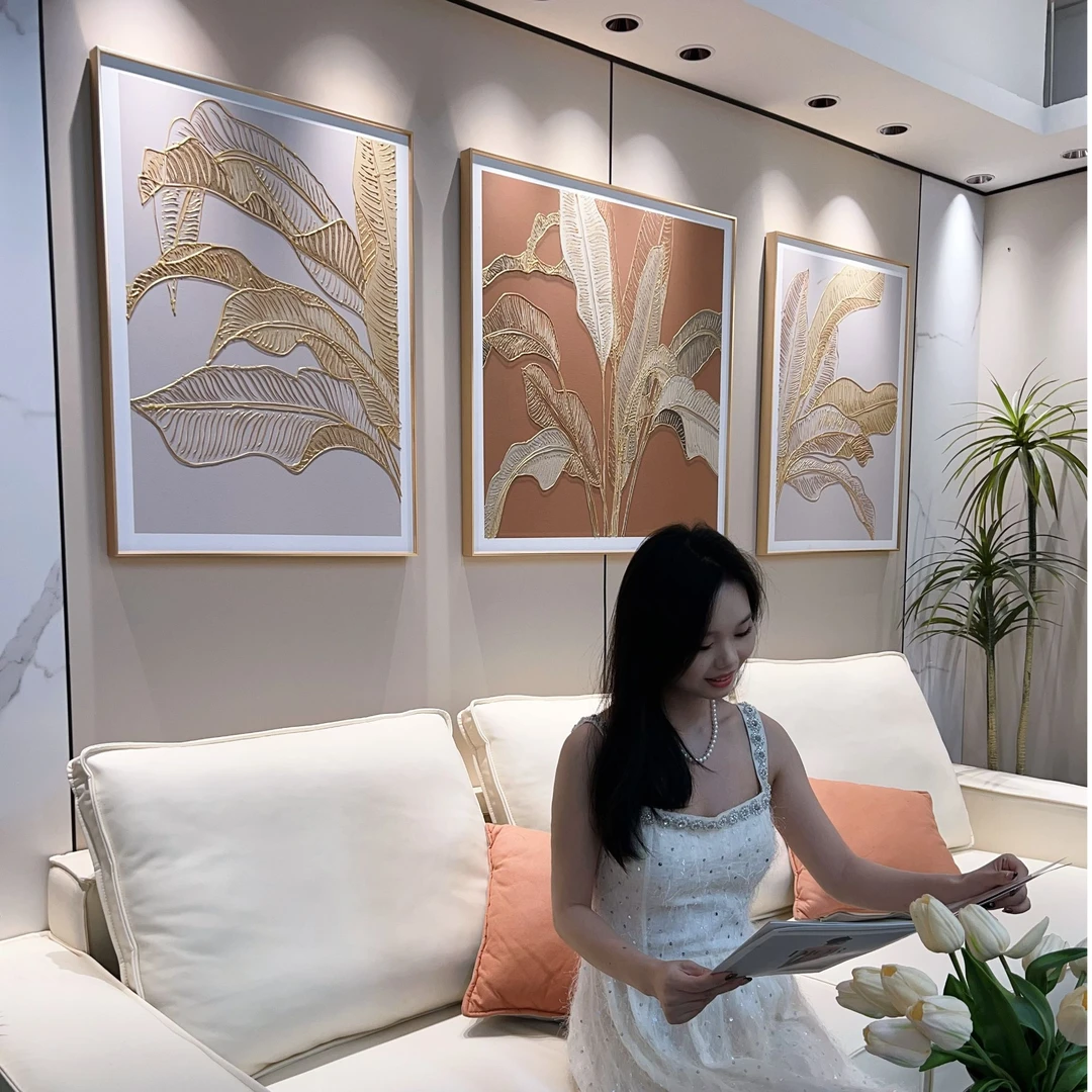 【培美三联集合】现代简约奶油客厅装饰画背景三联画挂画半手绘油画