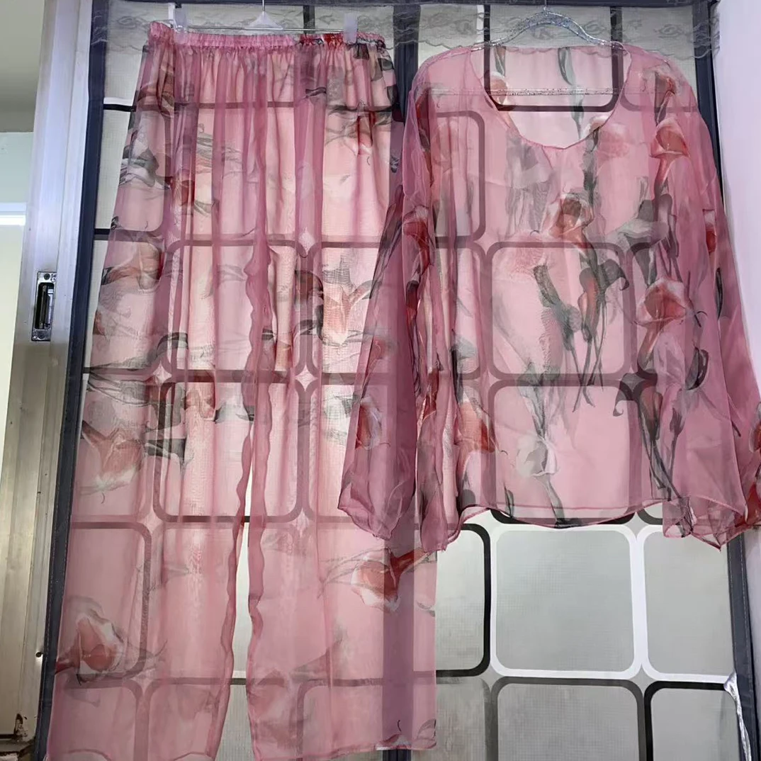 新款丝滑柔软透视上衣裤子套装法式温柔宽松显瘦洋气时尚男女套装