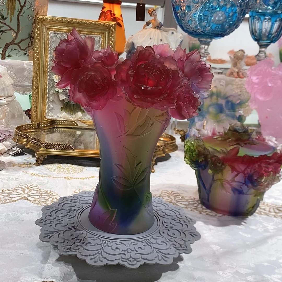 摆件脱蜡水晶牡丹花花瓶
