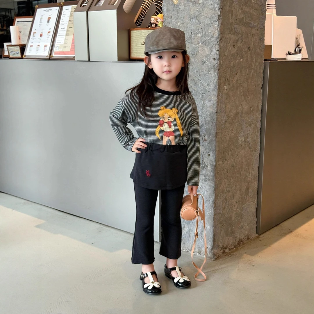女童秋季韩系条纹印花长袖T恤儿童洋气假两件喇叭裤套装