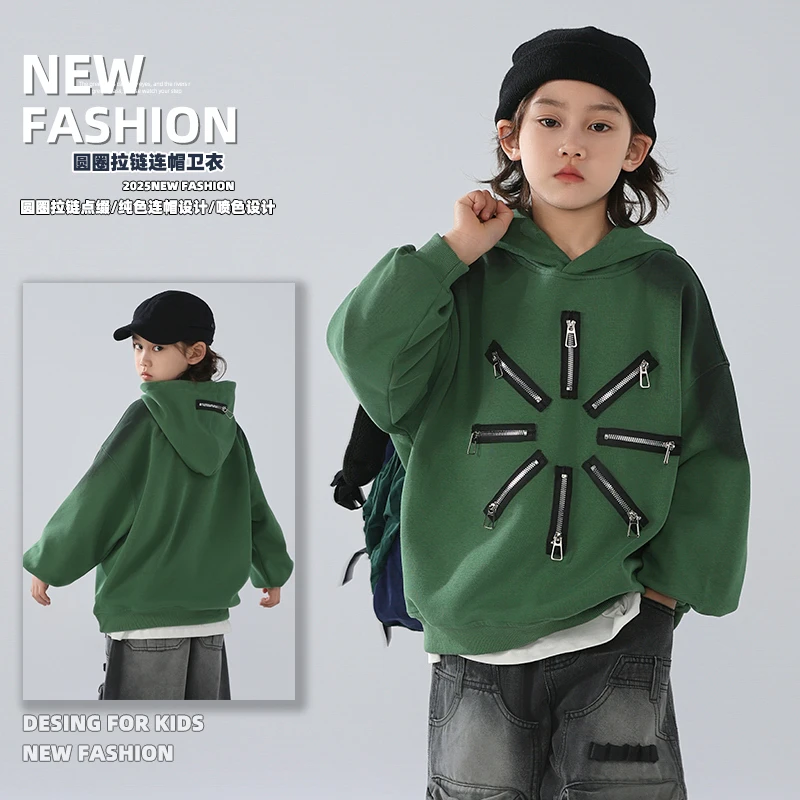 2025秋季男童长袖连帽卫衣套头青少年拉链高订童装街舞潮牌亲子装