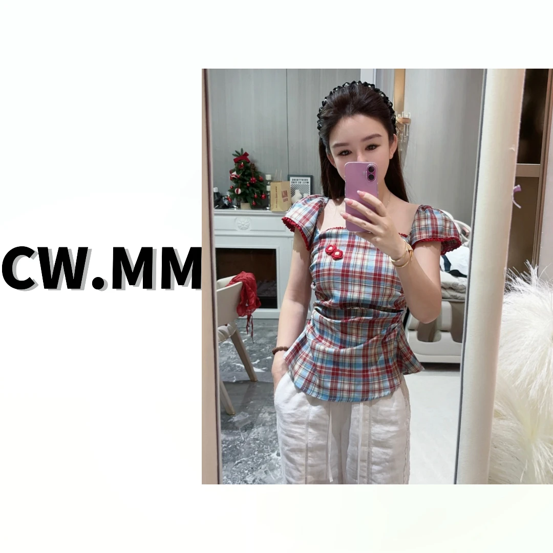 CW.MM【莫奈花园】 方领短袖复古格纹修身褶皱上衣