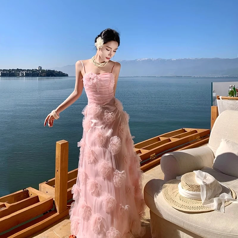 法式绝美成人礼礼服长裙小众设计感重工立体花朵粉色连衣裙高级感