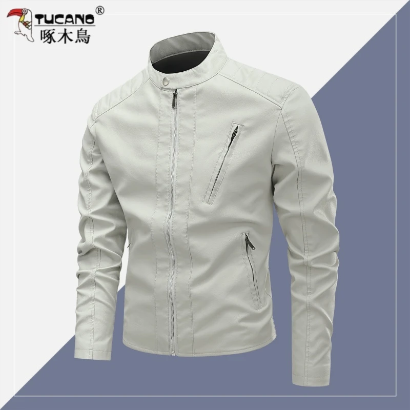 TUCANO/啄木鳥不对称立领免烫皮衣潮流休闲老钱风时尚修身夹克男