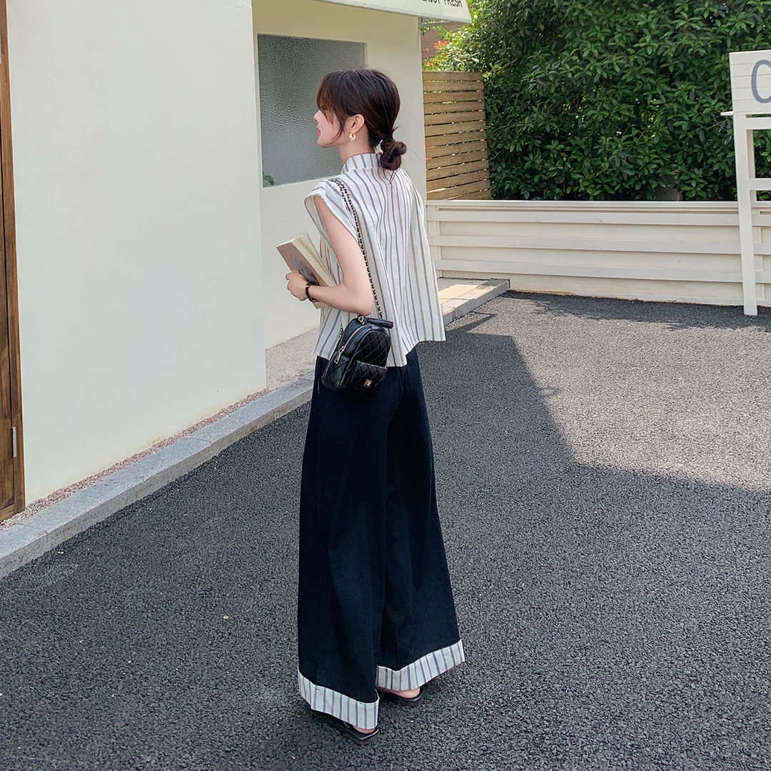 法式休闲风简约穿搭套装女2025夏季新款通勤条纹衬衫阔腿裤两件套