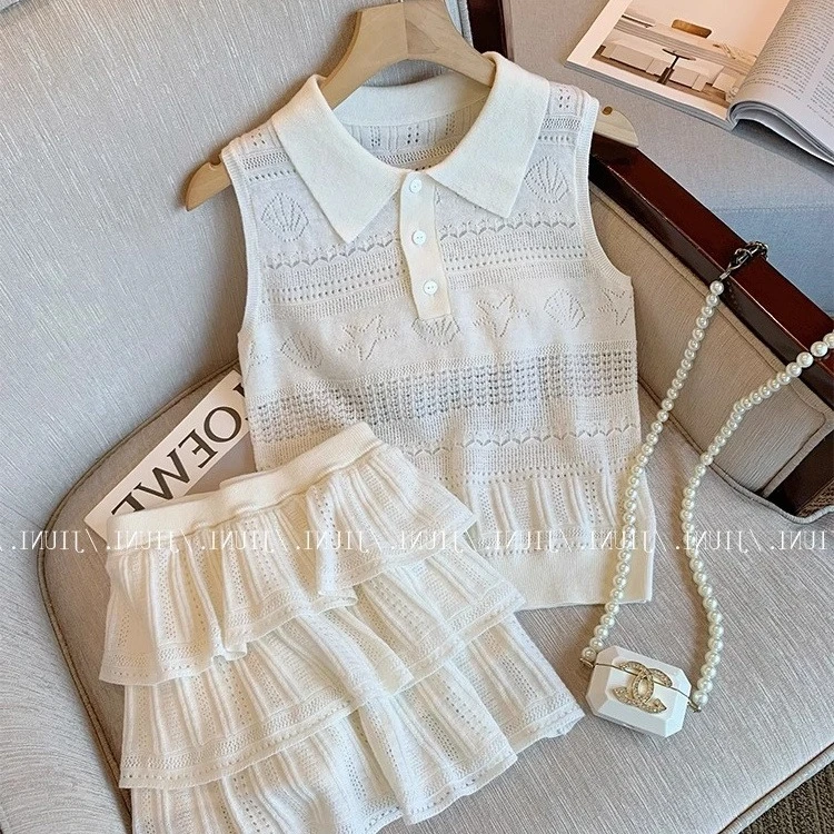 法式镂空针织无袖上衣半身裙套装女夏季2025新款polo领背心两件套