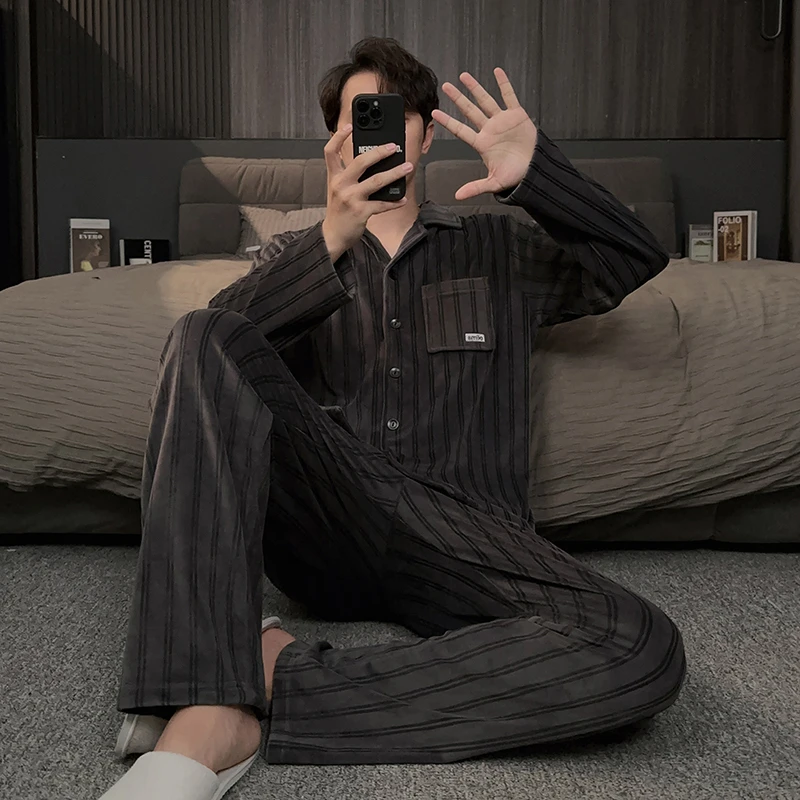 条纹男士睡衣秋冬季海岛绒保暖加厚加绒冬天珊瑚绒家居服冬款套装