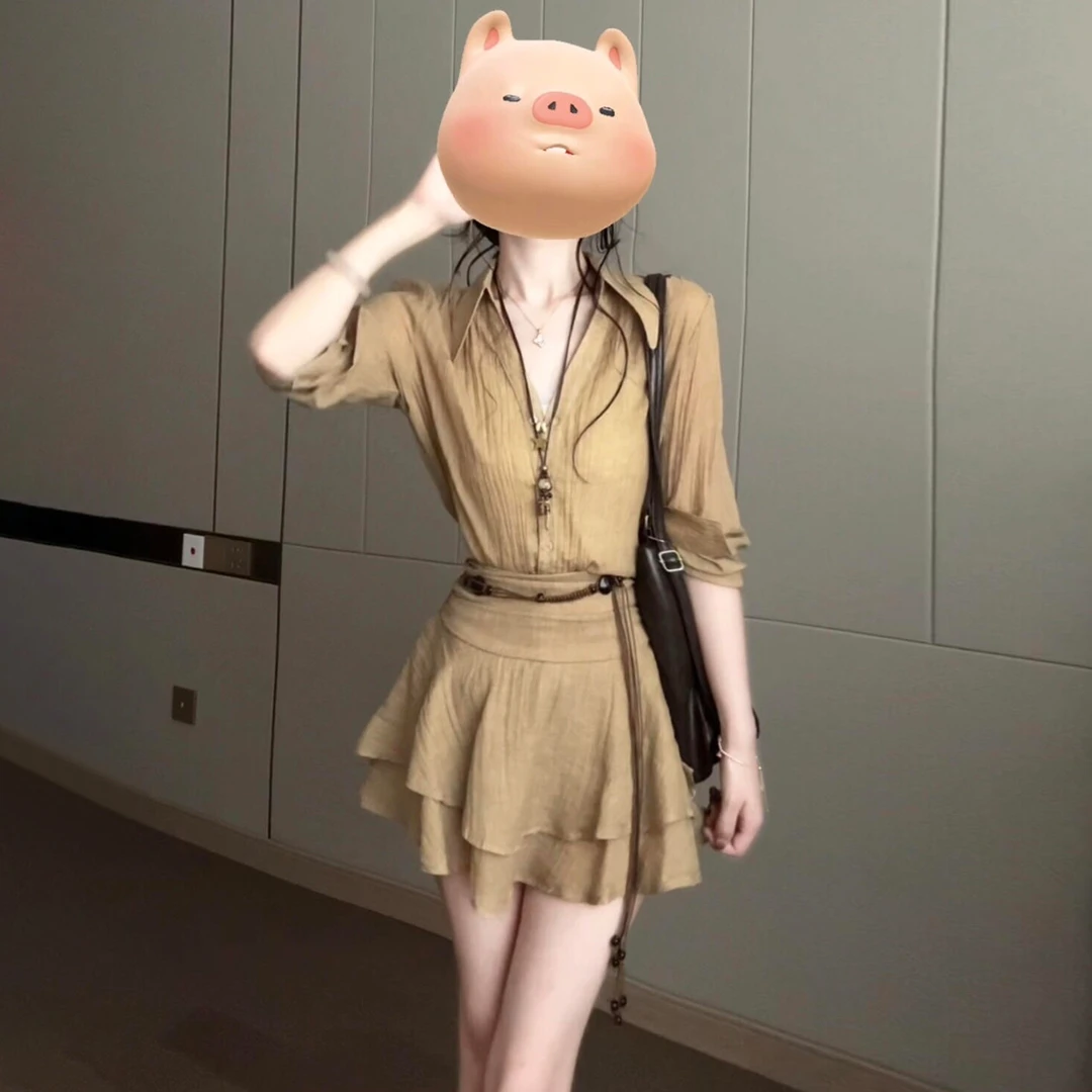 法式复古衬衫连衣裙子女夏2025新款小个子收腰a字短裙套装5800