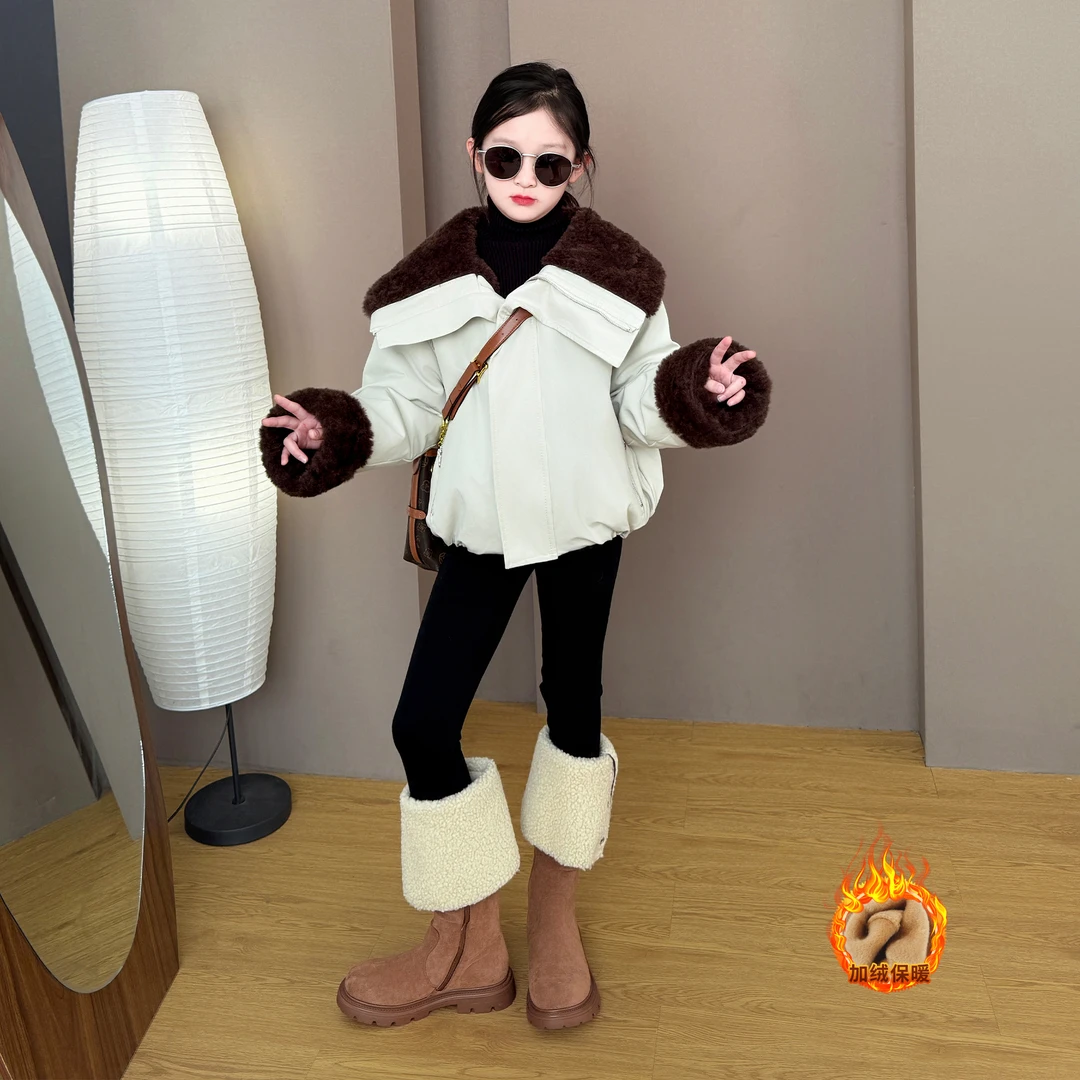 女童2025新款儿童秋冬季韩版时尚毛领派克服棉服加绒铅笔裤两件套