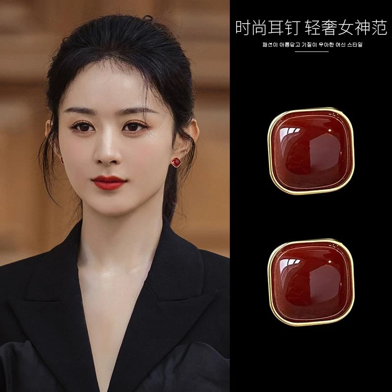 925银耳饰 轻奢红色珠砂耳钉2025年新款爆款高级感复古气质耳环女