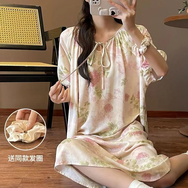 棉绸女睡裙慵懒高级洋气五分袖大码可外穿连衣裙2025新款爆款网红