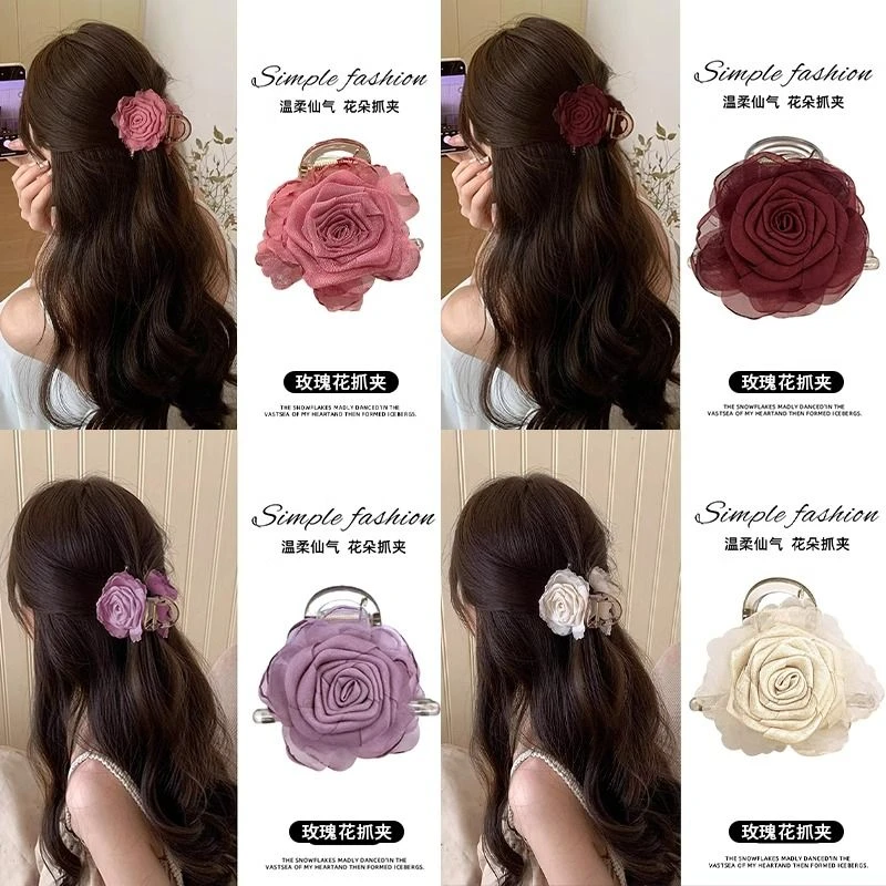 【蜜桃茶】新中式花朵抓夹干枯玫瑰花发饰半扎发古风头饰半扎发抓夹