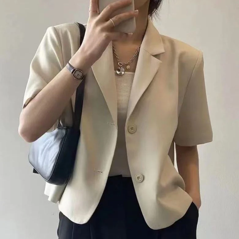 chic夏季西装外套女小个子设计感小众薄款韩版宽松短款百搭上衣