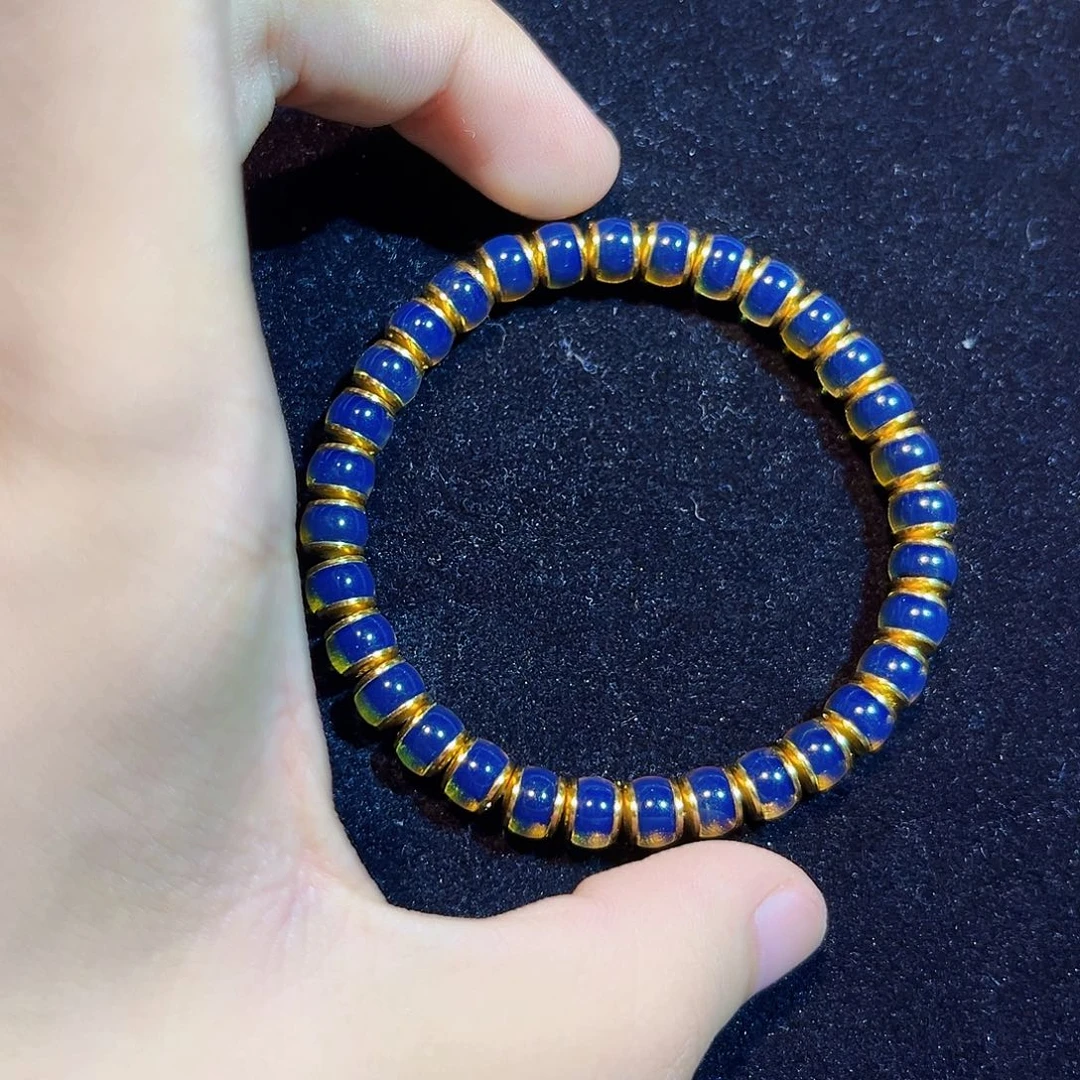 蓝珀银S925镀金镶嵌珠宝奇石7mm