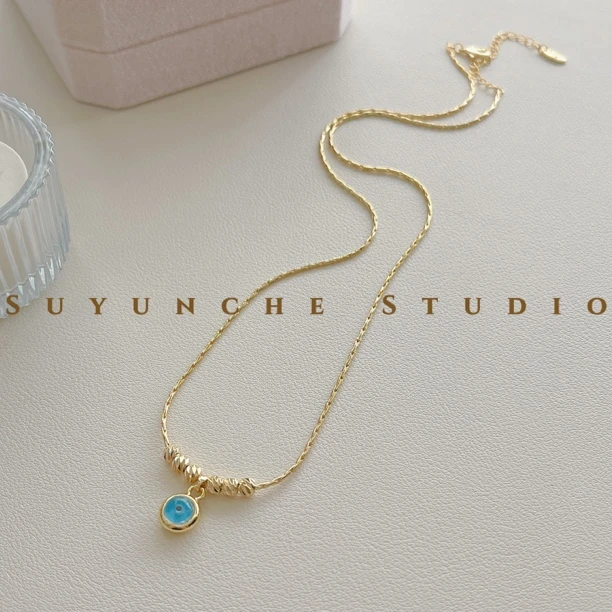 铜合金项链 Suyunche2272绿金色时尚秀气蓝眼流苏项链