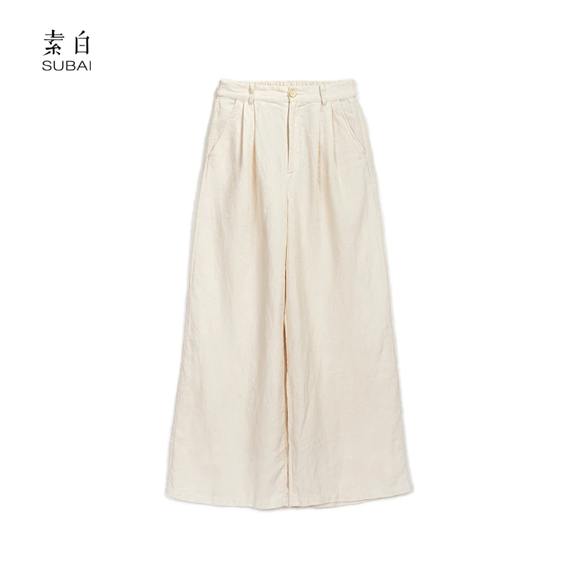 素白【老钱】老钱风亚麻透气亲肤米白色半松紧休闲裤SB2504K01452