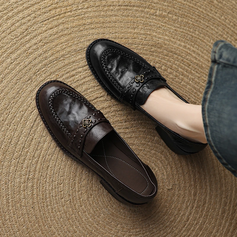 圆头乐福鞋女复古老钱风粗跟单鞋百搭一脚蹬英伦风小皮鞋真皮鞋子