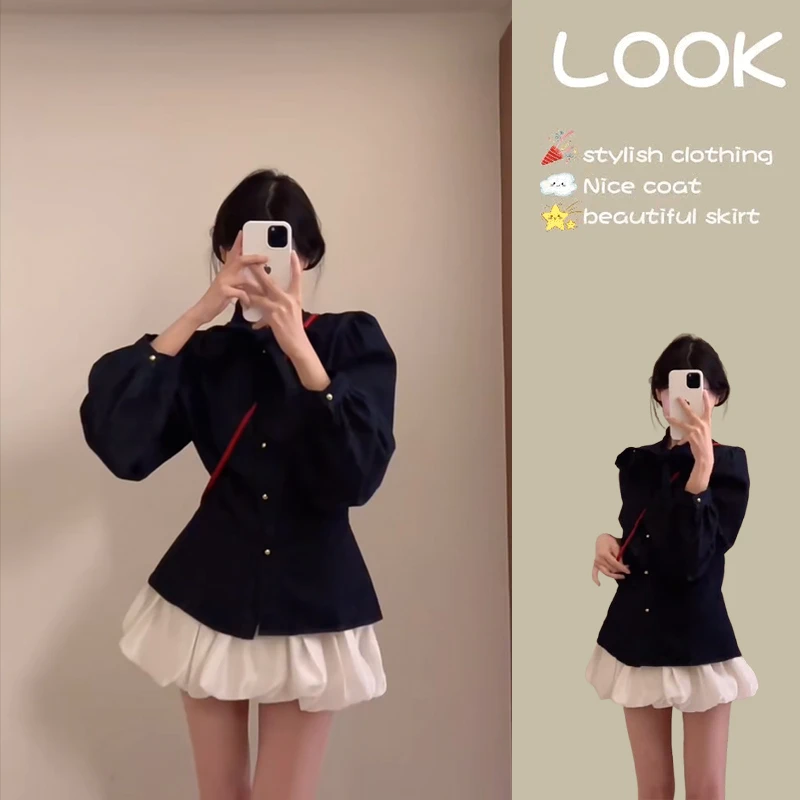 春季一整套女装2025新款时尚百搭深色收腰牛仔衬衫白色短裙两件套