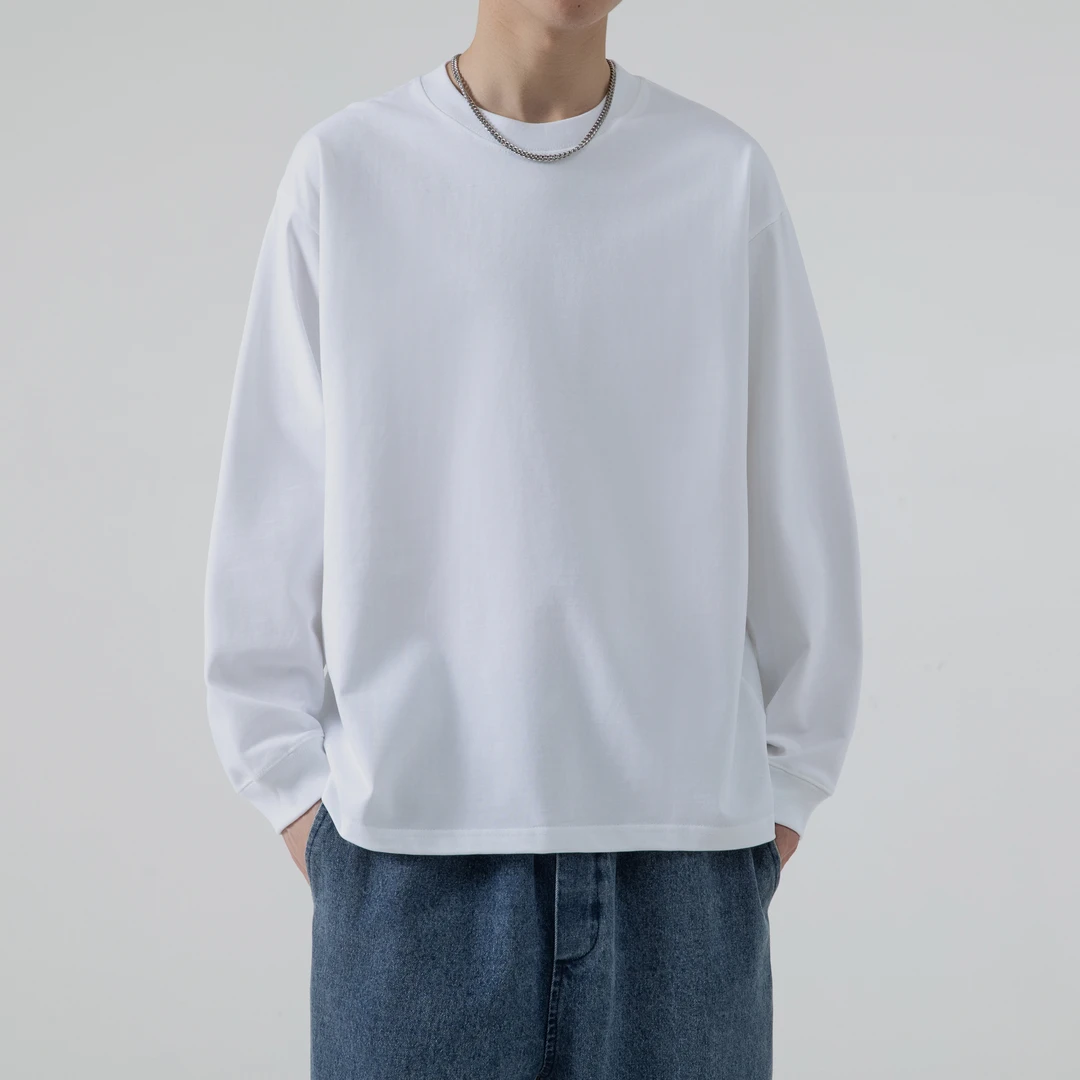 LAWUSAN 重磅300g长袖T恤男纯棉内搭宽松打底衫情侣圆领纯色上衣