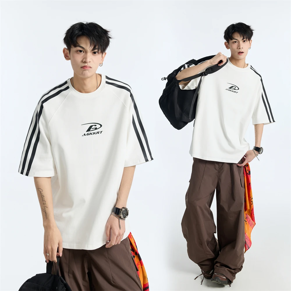 三条杠圆领短袖美式透气休闲印花宽松运动短袖男士潮牌设计感上衣