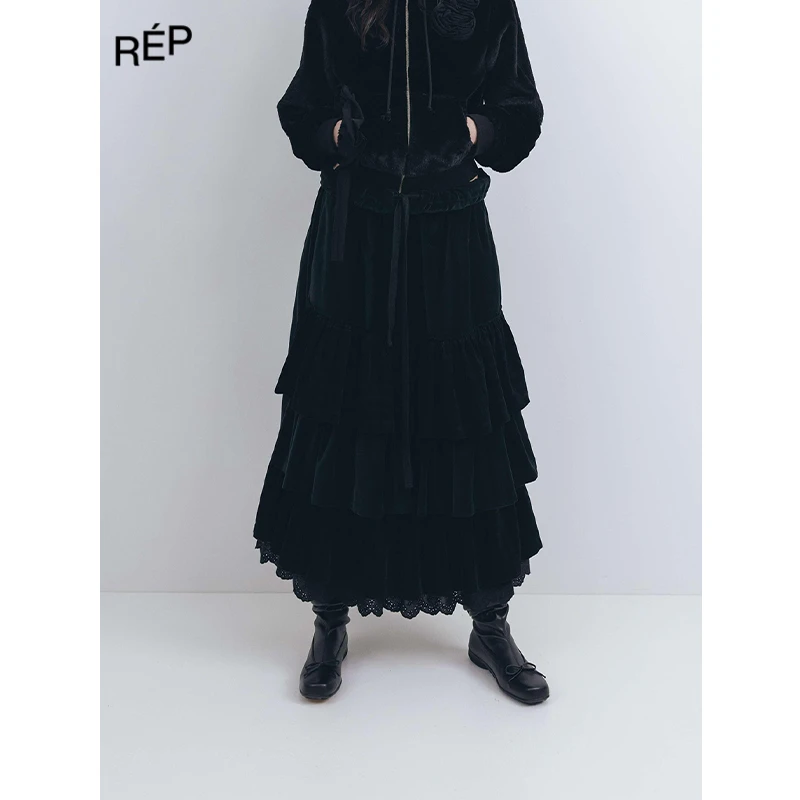 REP-OPEN YY设计师品牌黑色天鹅绒卷边腰围百褶裙 25FW秋冬新品