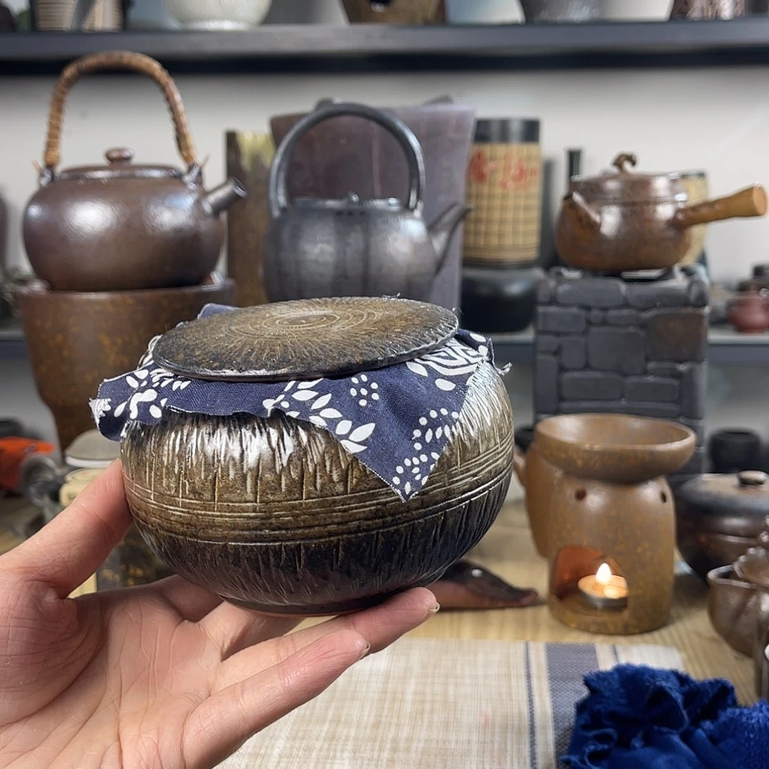 壶紫砂粗陶实用茶叶罐