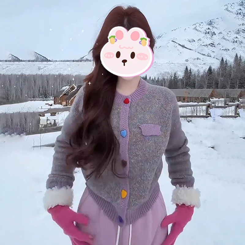 韩系慵懒风宽松显瘦毛衣开衫女2025冬季新款撞色圆领百搭休闲上衣